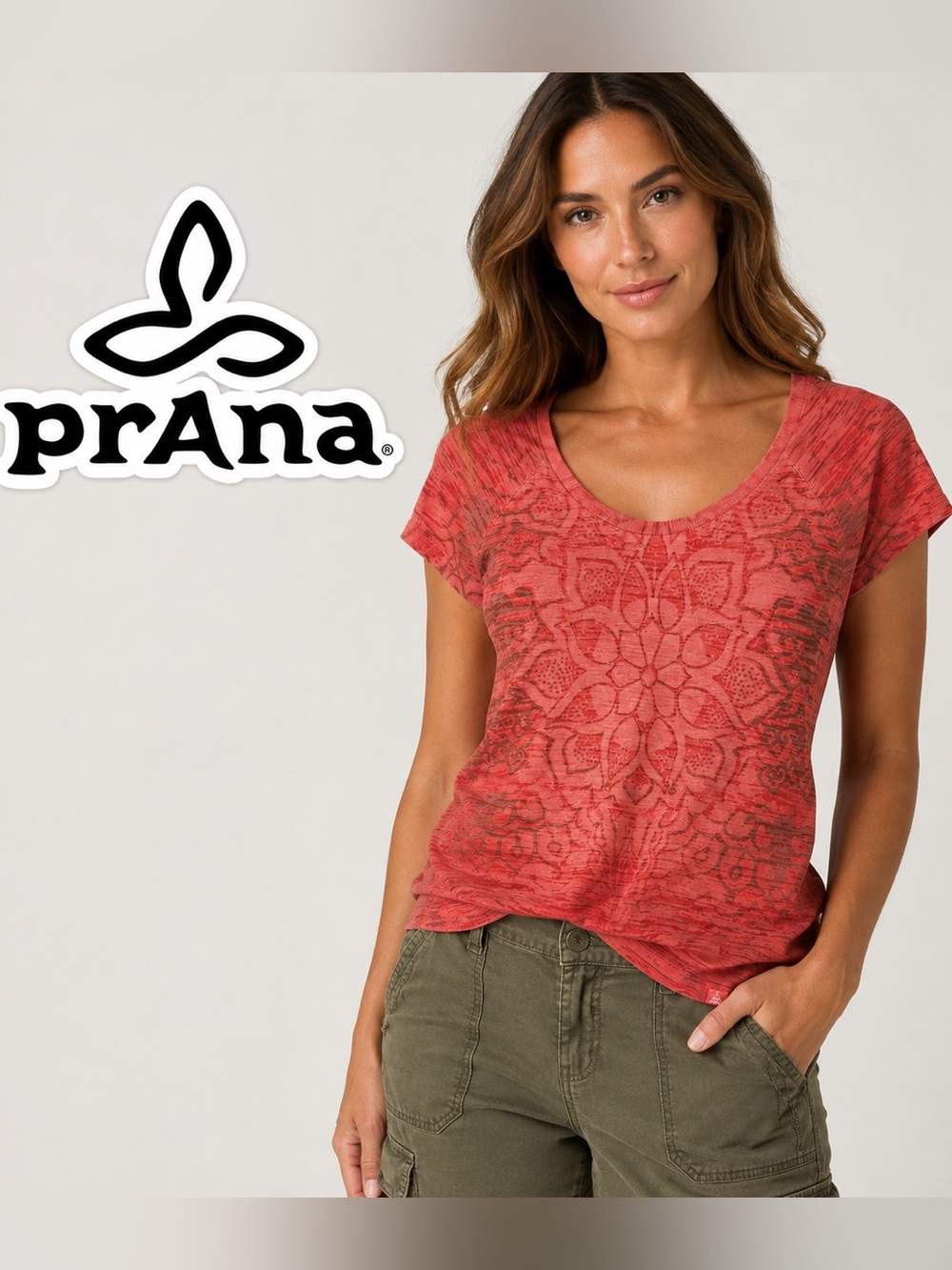 Prana Coral Scoop Neck Short Sleeve Tee with Floral Mandala